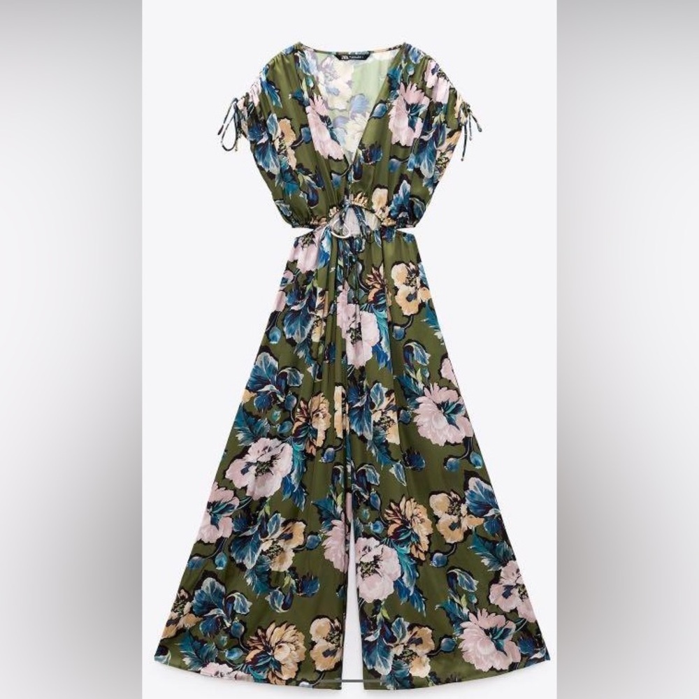 Zara Green Floral Cutout Jumpsuit Size Medium